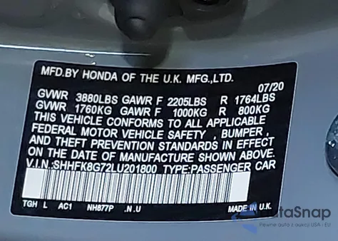 2020 Honda Civic Type R Touring from USA, damaged, VIN SHHFK8G72LU201800